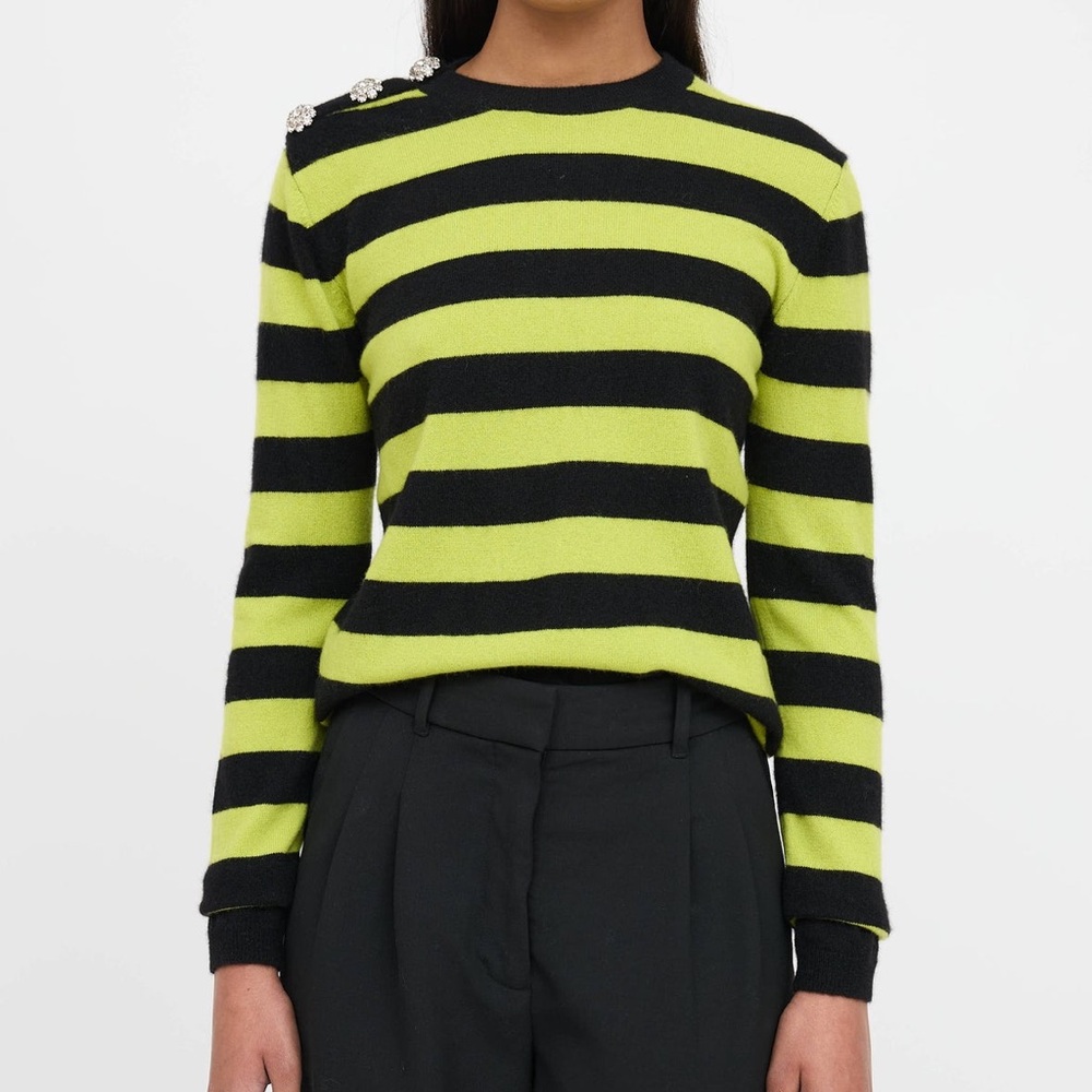 GANNI Striped Cashmere Sweater W/ Bejeweled Shoulder In Neon Maize